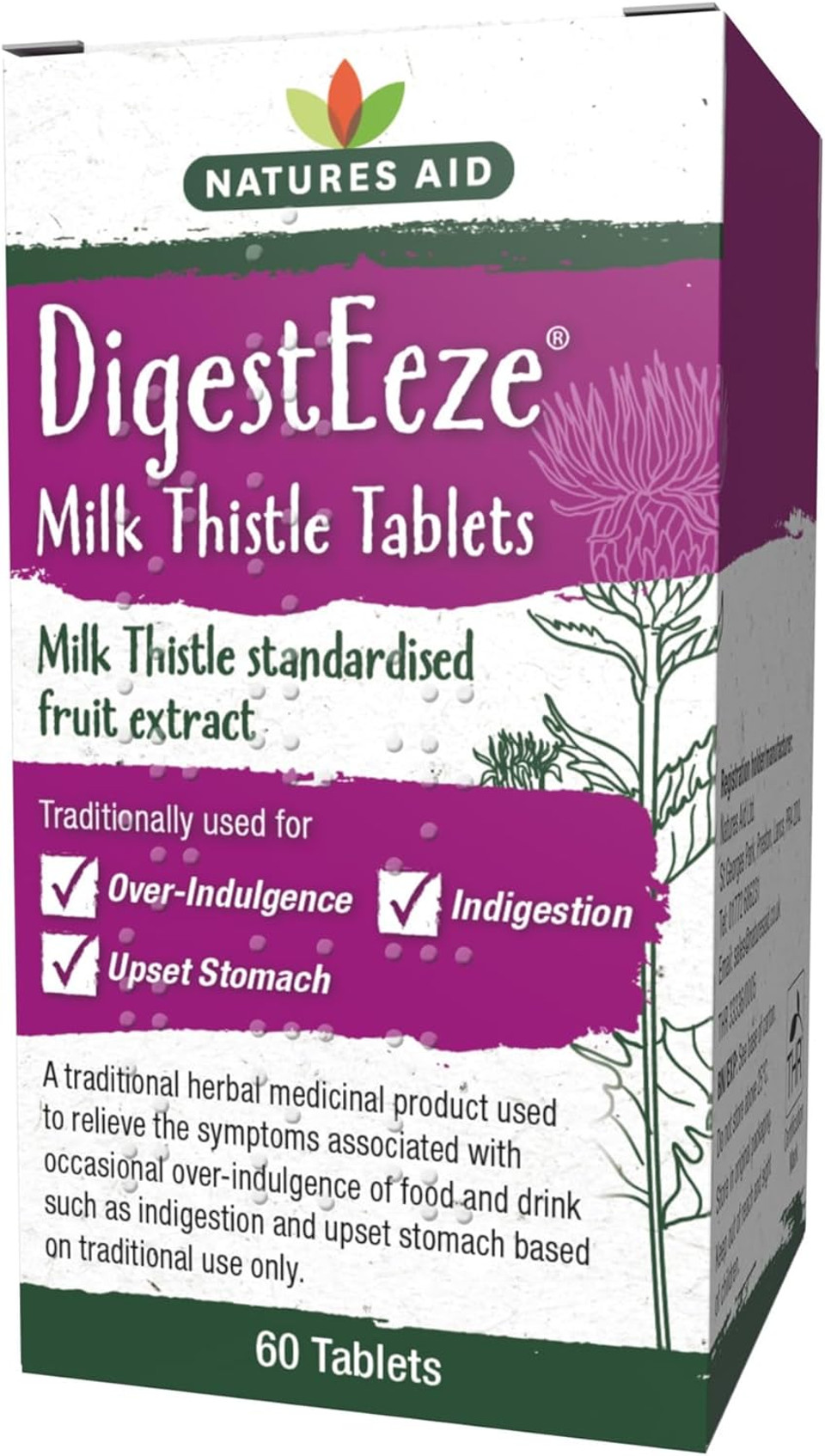 Natures Aid DigestEeze Milk Thistle 60 Tablets  Supports Liver & Digestive Health  High Strength Silymarin  Vegan, Non-GMO, Gluten-Free  Traditional Herbal Remedy for Indigestion Relief