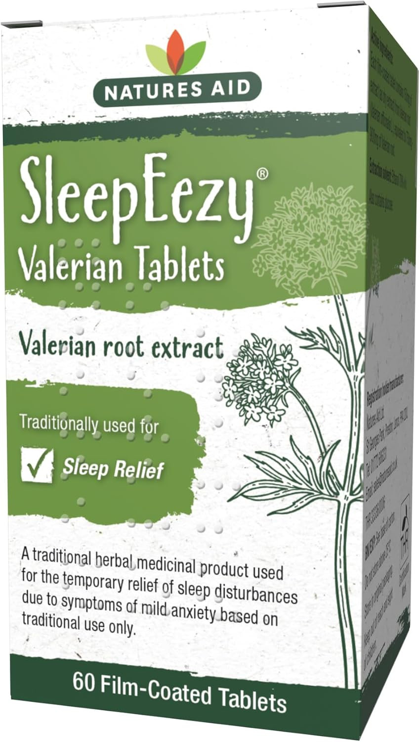 Natures Aid SleepEezy Valerian Root Extract 150mg  Traditional Herbal Remedy for Sleep Disturbances from Mild Anxiety  Natural Vegan Sleep Aid  Gluten Free, Non-GMO  60 Tablets