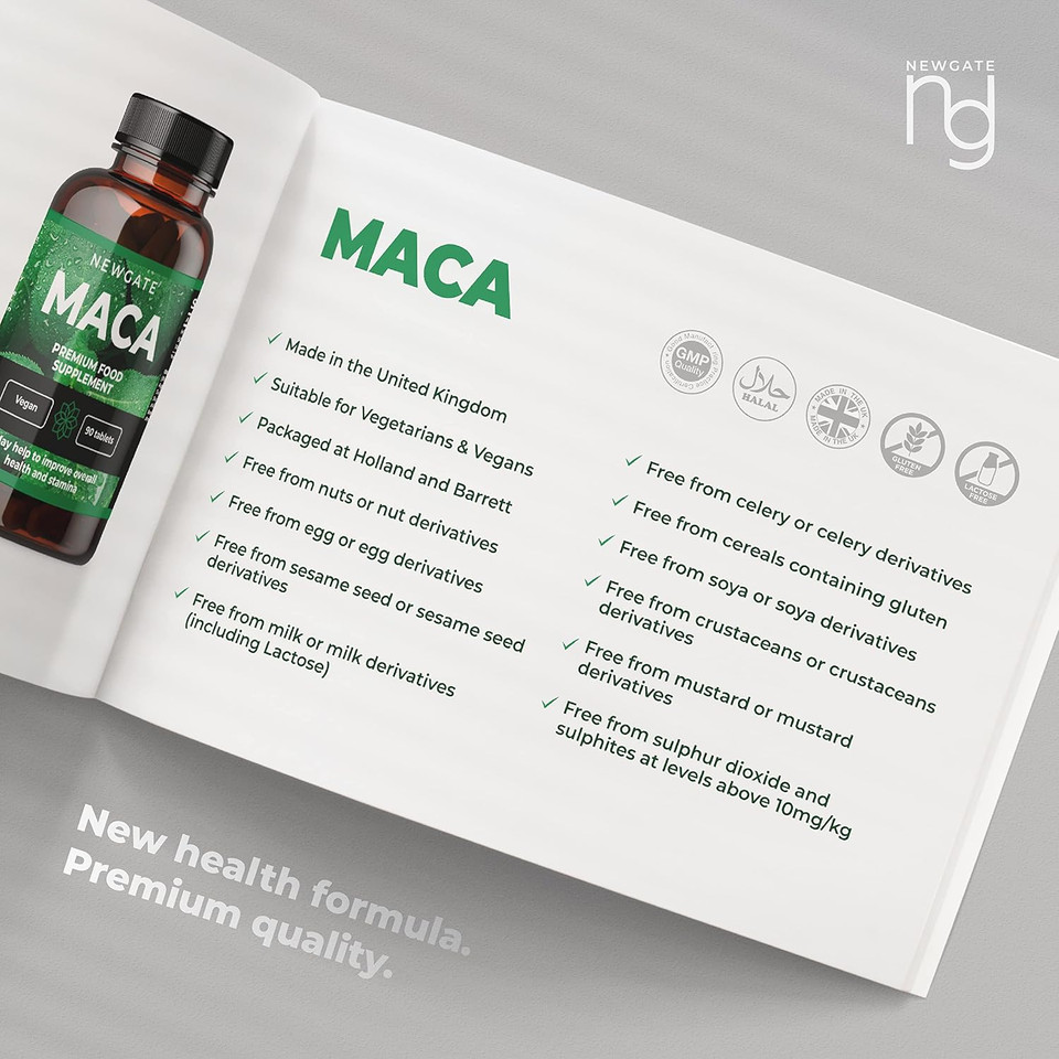 Newgate Labs Maca 90 High Strength Vegan Tablets 50mg Providing Organic Maca Root 500mg - for Skin Health - Premium Nutritional Supplement - Made in The UK  Halal, GMO Free