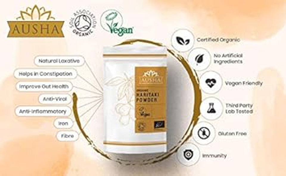 Organic Haritaki Powder 200g - Gut Health, Constipation Relief, Immunity, Digestion - Certified Organic by Soil Association - Used in Triphala