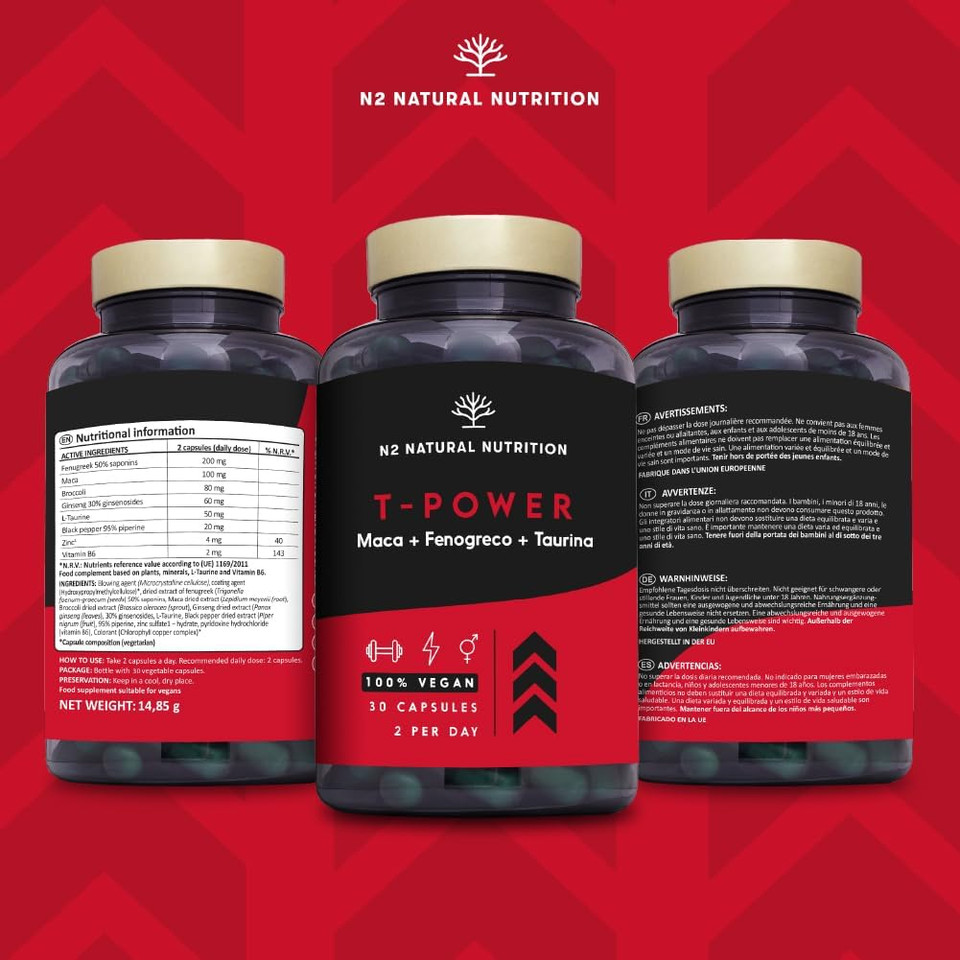 T-Power Natural Supplements for Men. Maca Root, Zinc, Gingseng, Fenugreek, L-Taurine, Black Pepper. Mood Stimulant + Endurance + Energy. Pre Workout. 30 Capsules. Vegan. N2 Natural Nutrition