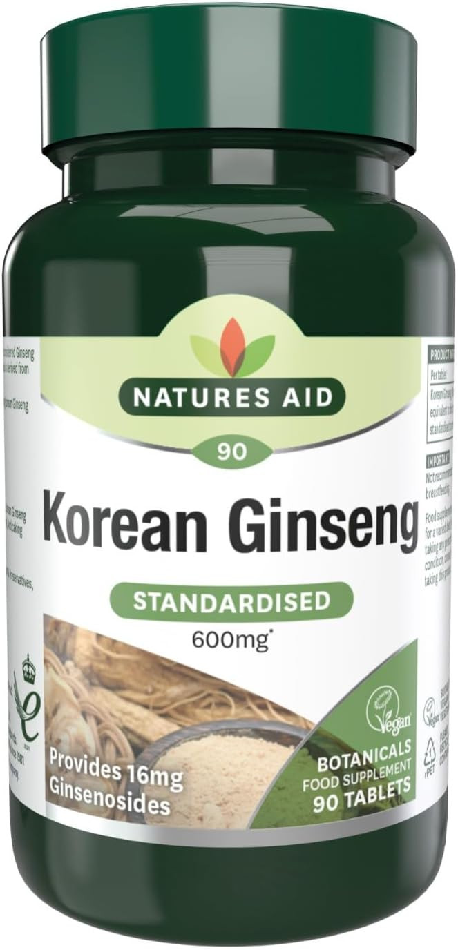 Natures Aid Korean Ginseng 600mg  Supports Energy, Vitality & Immune Health - High Strength Panax Extract with 16mg Ginsenosides  Vegan, Gluten Free, Non-GMO  90 Tablets