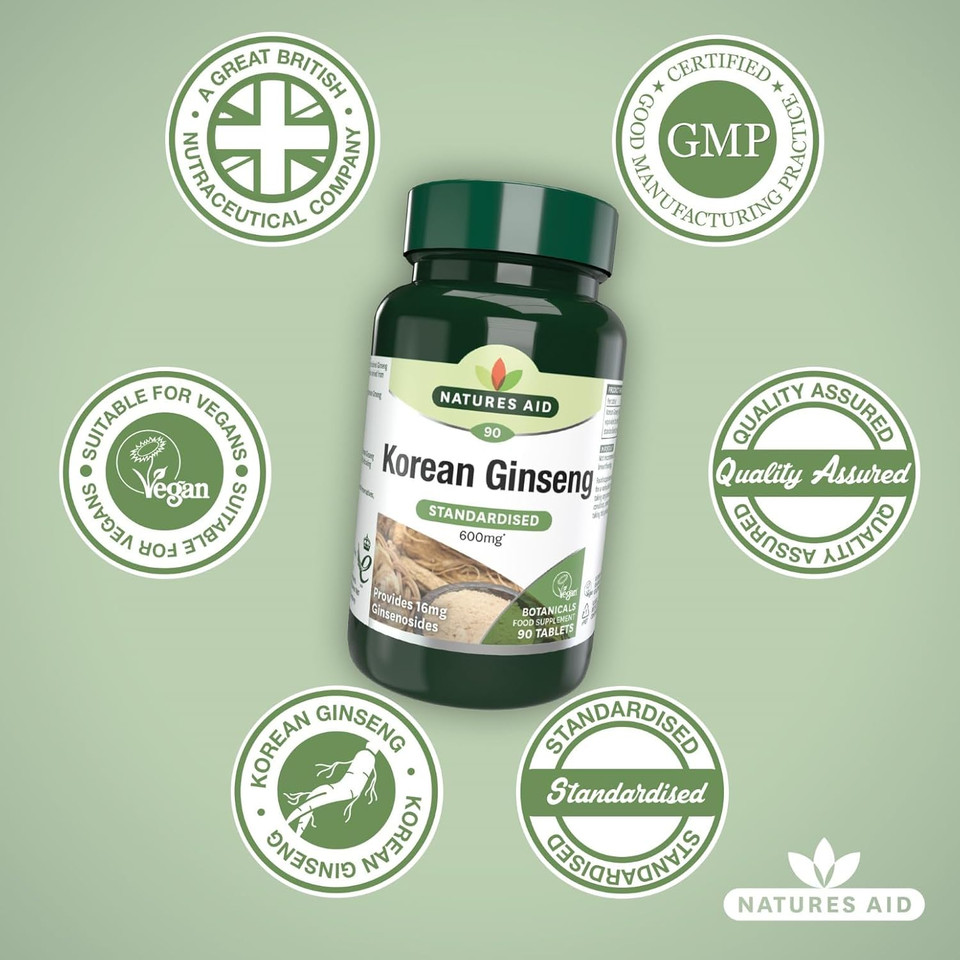 Natures Aid Korean Ginseng 600mg  Supports Energy, Vitality & Immune Health - High Strength Panax Extract with 16mg Ginsenosides  Vegan, Gluten Free, Non-GMO  90 Tablets