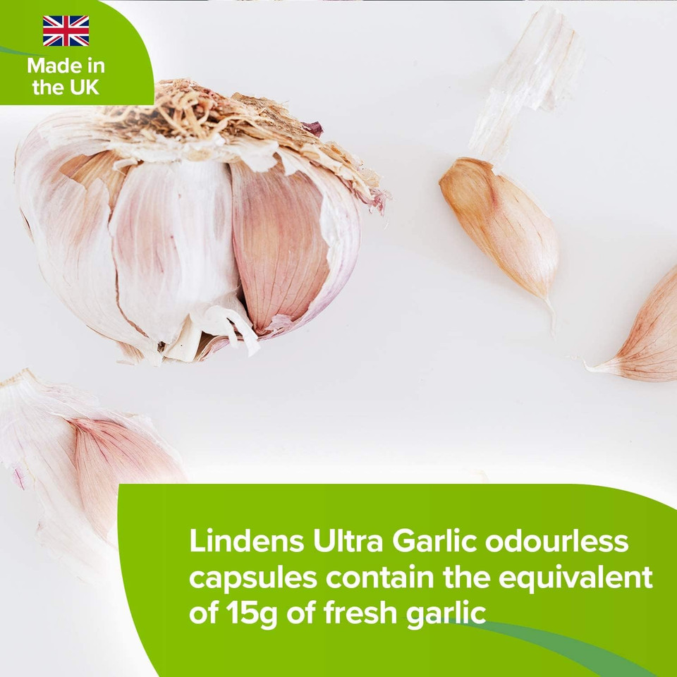 Lindens Ultra Garlic Odourless Capsules - 120 Pack - Vitamin B1 and D3 for Normal Muscle Function, Heart and Immune Health - 15000mg Garlic (10500mcg Allicin) - UK Manufacturer, Letterbox Friendly