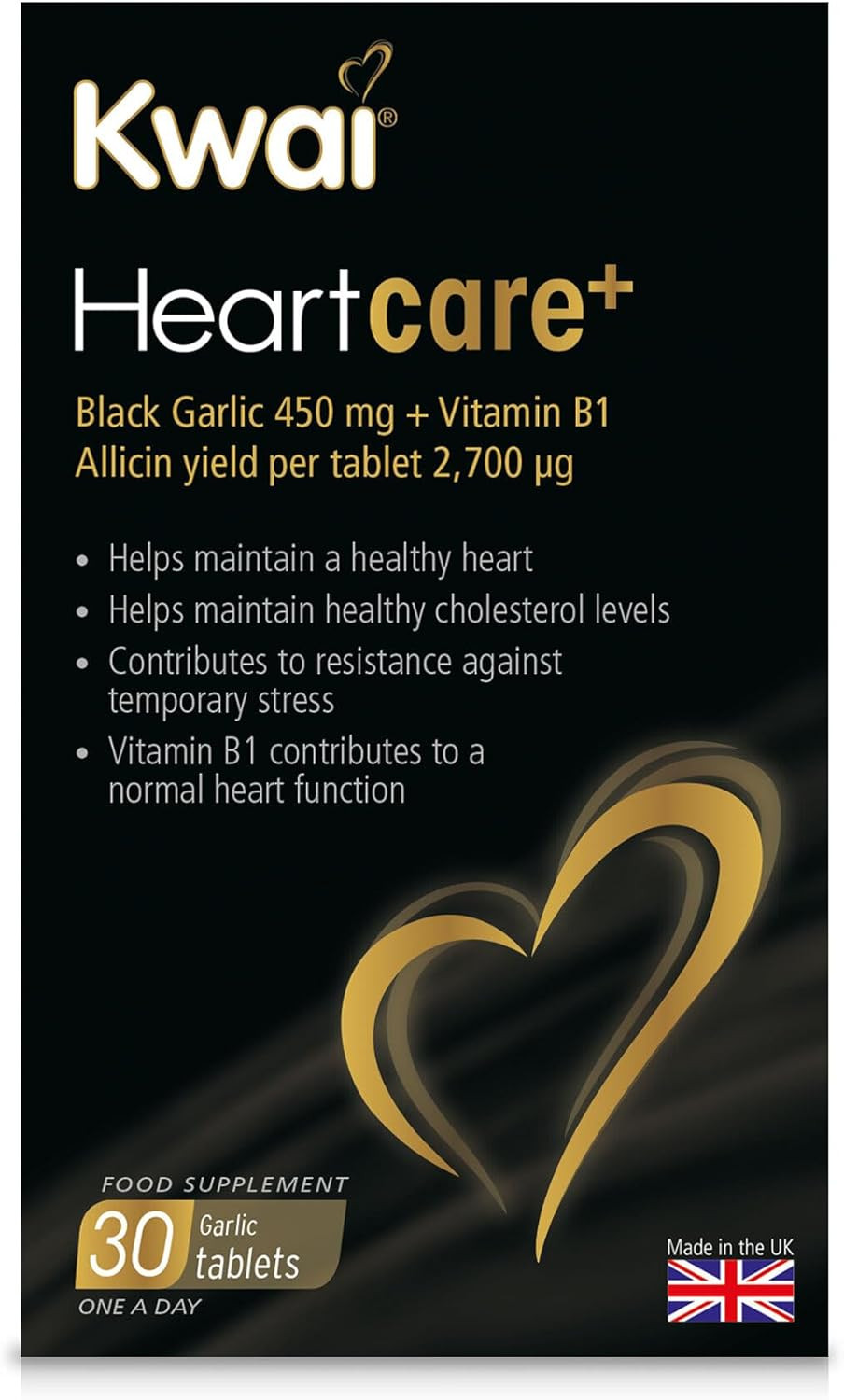 Kwai Heartcare+ Black Garlic | Garlic Capsules odourless & Vitamin B1 I Healthy Cholesterol Levels and a Healthy Heart, Rich in antioxidants | 450mg Garlic per Tablet | 30 Tablets