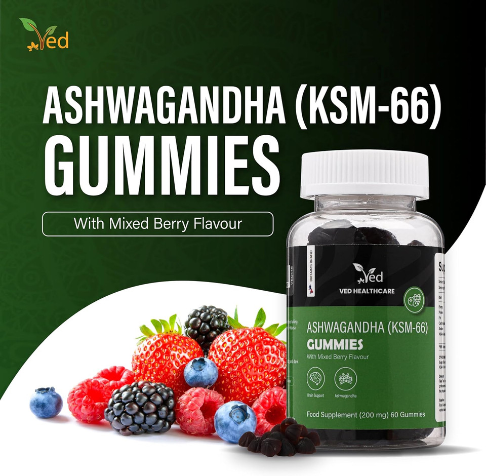 Ved Ashwagandha (KSM-66) Gummies; ASG Chews Mixed Berry Flavour with Mother Culture, Vegan Health Supplement for Men and Women- 60 Chews 30 Days Supply Ved Ashwagandha (KSM-66) Gummies; ASG Chews Mixed Berry Flavour with Mother Culture, Vegan Health Supplement for Men and Women- 60 Chews 30 Days Supply