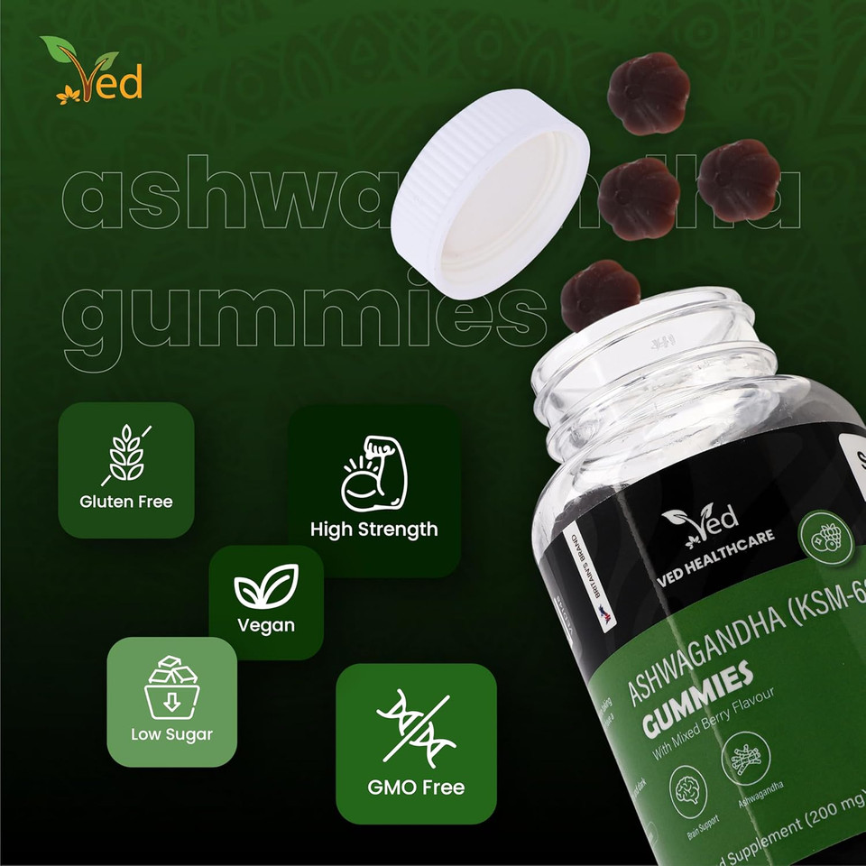 Ved Ashwagandha (KSM-66) Gummies; ASG Chews Mixed Berry Flavour with Mother Culture, Vegan Health Supplement for Men and Women- 60 Chews 30 Days Supply Ved Ashwagandha (KSM-66) Gummies; ASG Chews Mixed Berry Flavour with Mother Culture, Vegan Health Supplement for Men and Women- 60 Chews 30 Days Supply