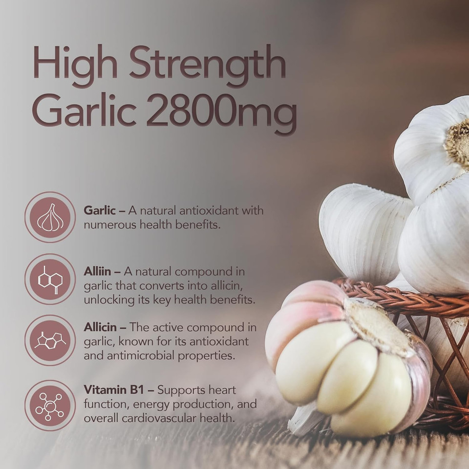 Zipvit Garlic Tablets 2800mg, High Strength Garlic Supplement with Vitamin B1, Provides Allicin & Alliin, Supports Heart Health, 2 a Day, 3 Months Supply