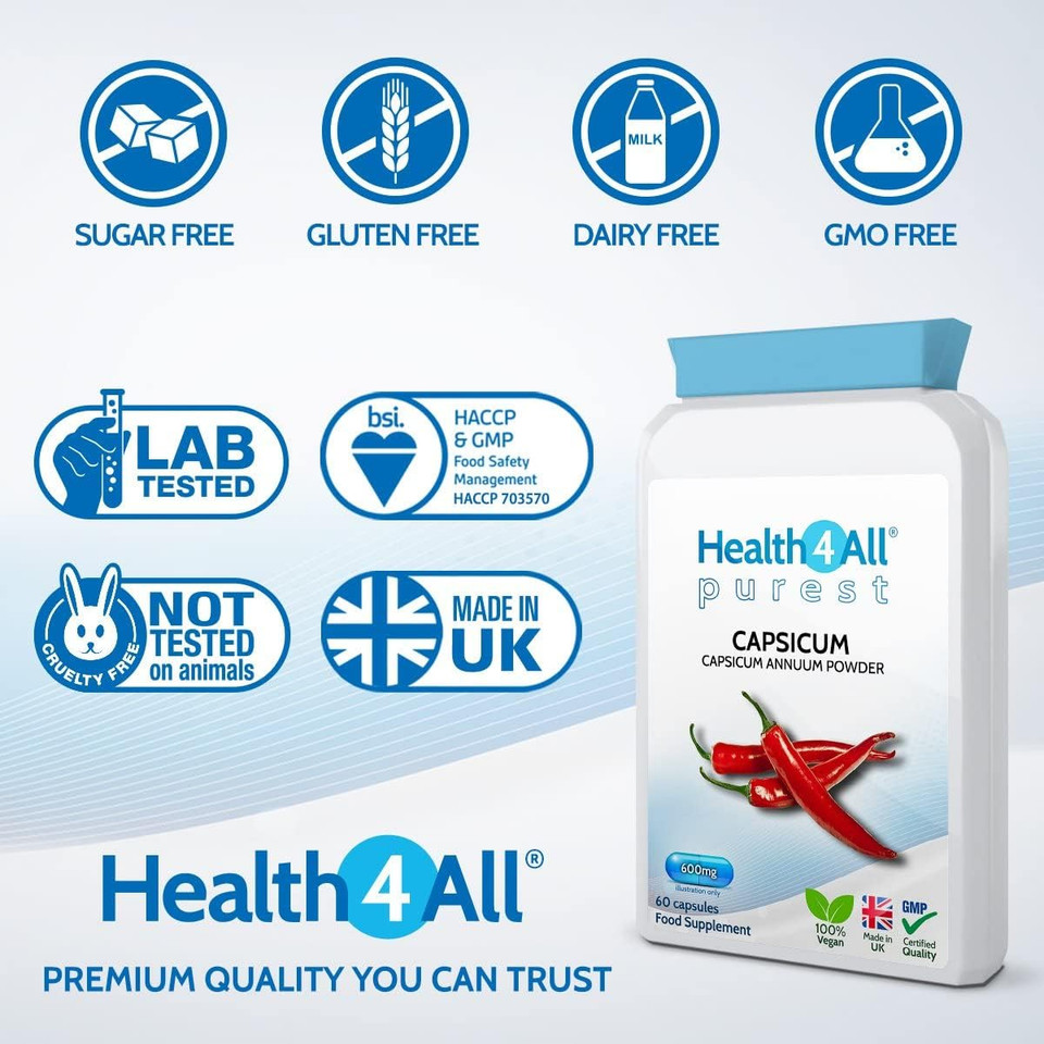 Health4All Capsicum 600mg per Capsule, 60 Capsules 2 Months Suppy, Pure High Strength Cayenne Pepper Supplement Contains Capsaicin, Vegan Joint Support Supplement | Made in UK