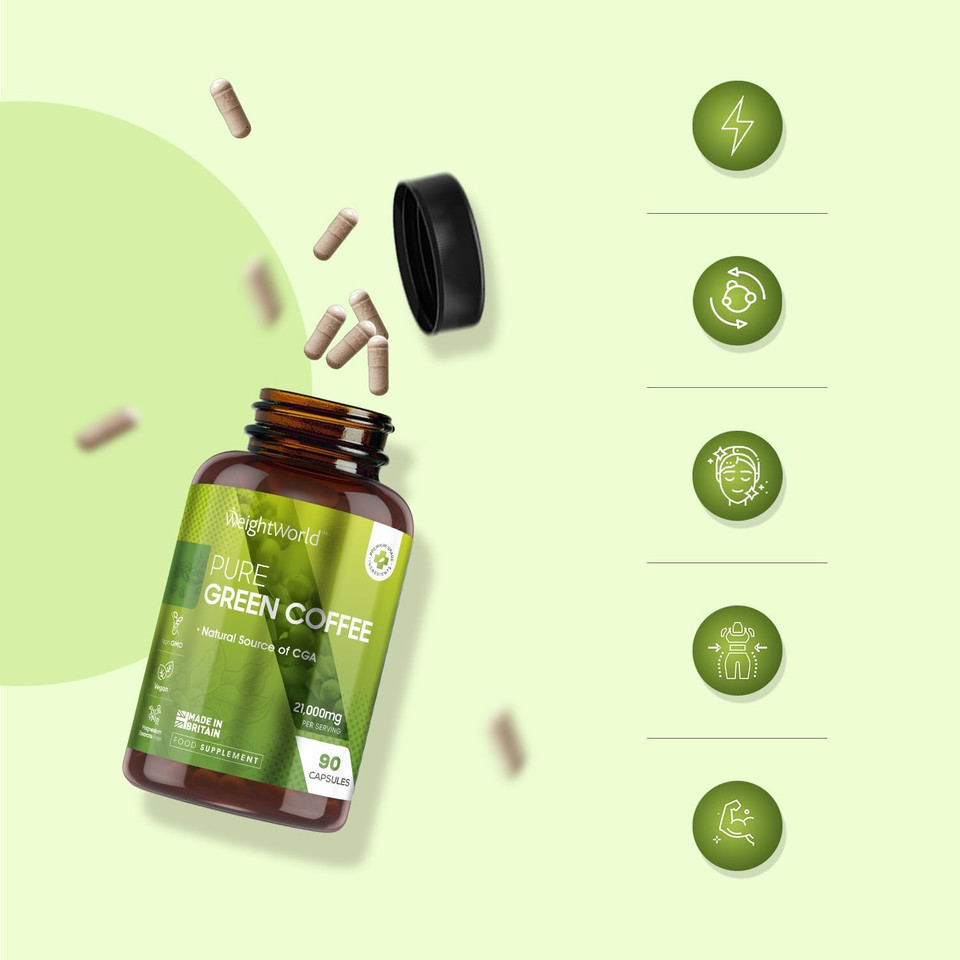 Pure Green Coffee Capsules | 21,000mg per Serving | 90 Unroasted Green Coffee Capsules | Vegan | Natural Source of Chlorogenic Acid | Made in Britain