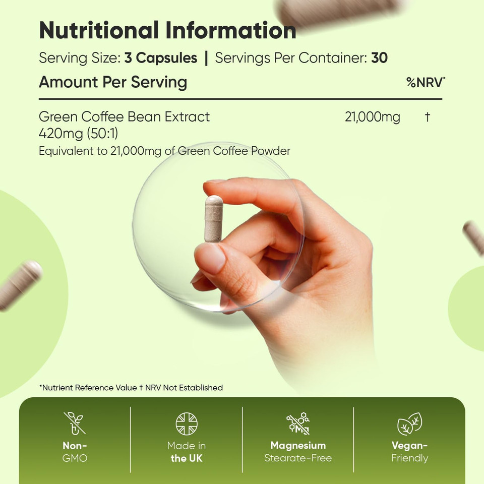 Pure Green Coffee Capsules | 21,000mg per Serving | 90 Unroasted Green Coffee Capsules | Vegan | Natural Source of Chlorogenic Acid | Made in Britain
