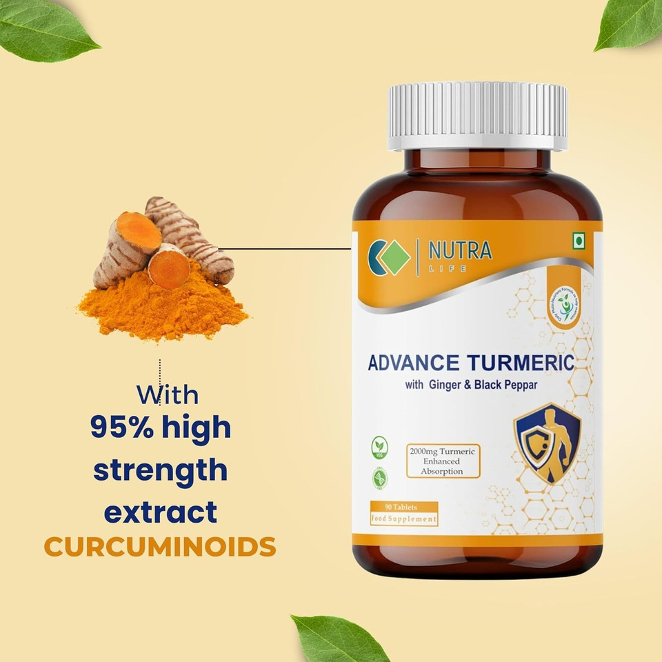 Advance Turmeric Tablets, 2000mg, Supplement and with Black Pepper & Ginger, Premium 90 Tablets High Strength 3 Month Supply-Nutra Life
