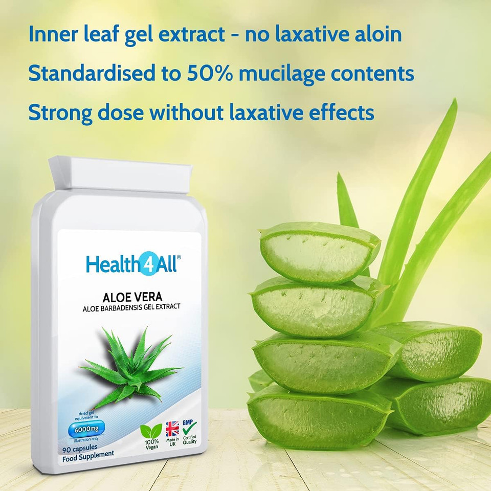 Health4All Aloe Vera Gel Extract 6000mg 90 Capsules, Digestive Health Detox Supplement, Support for Leaky Gut, Acid-Alkaline and pH Balance, Pure Vegan Cleanse Capsules (not Tablets) | Made in UK