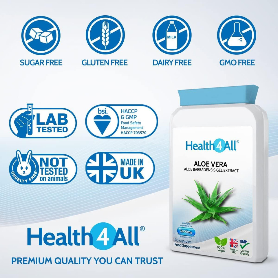 Health4All Aloe Vera Gel Extract 6000mg 90 Capsules, Digestive Health Detox Supplement, Support for Leaky Gut, Acid-Alkaline and pH Balance, Pure Vegan Cleanse Capsules (not Tablets) | Made in UK