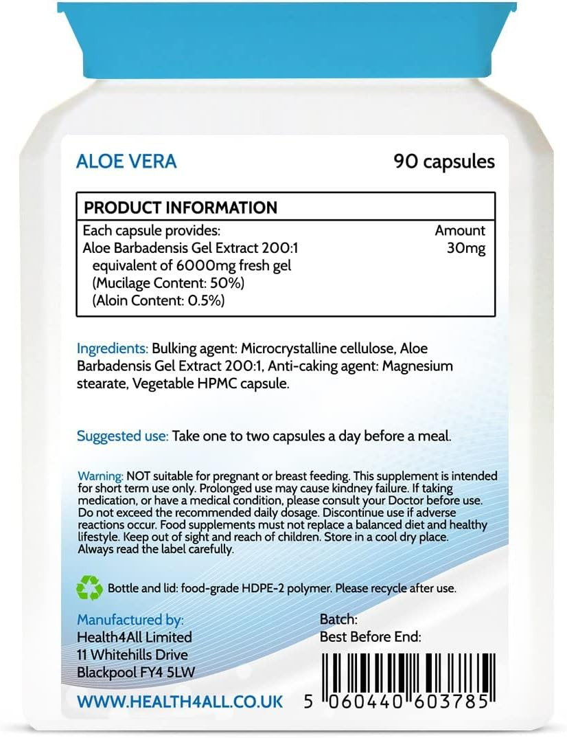 Health4All Aloe Vera Gel Extract 6000mg 90 Capsules, Digestive Health Detox Supplement, Support for Leaky Gut, Acid-Alkaline and pH Balance, Pure Vegan Cleanse Capsules (not Tablets) | Made in UK