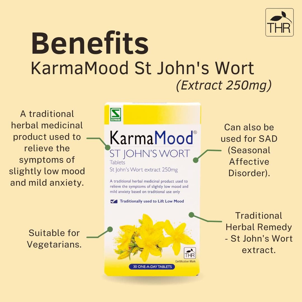 Schwabe KarmaMood - St John's Wort Extract 250mg - Traditionally Used for Low Mood and Mild Anxiety - Traditional Herbal Medicinal Product - 30 Tablets