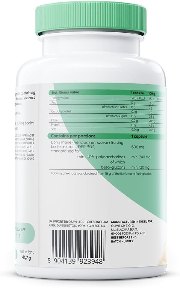 Osavi Lions Mane 600 mg  60 Vegan Capsules | Hard Capsules with Hericium Erinaceus Extract | Standardized for Polysaccharides and BetaGlucans