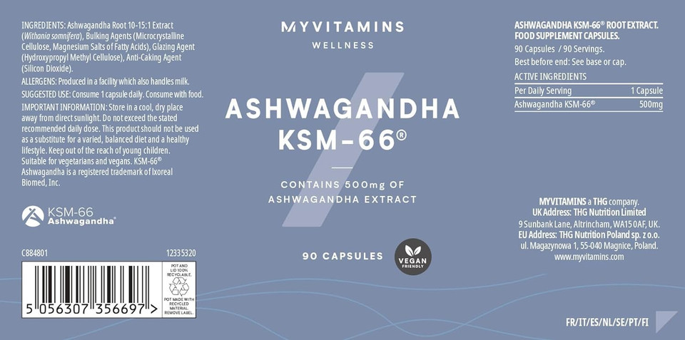 MyProtein Ashwagandha KSM66 Capsules, Full-Spectrum Root Extract, High Potency, Natural Stress Relief, Enhanced Mood, Immune Support, Non-GMO, Vegan - 90 Capsules