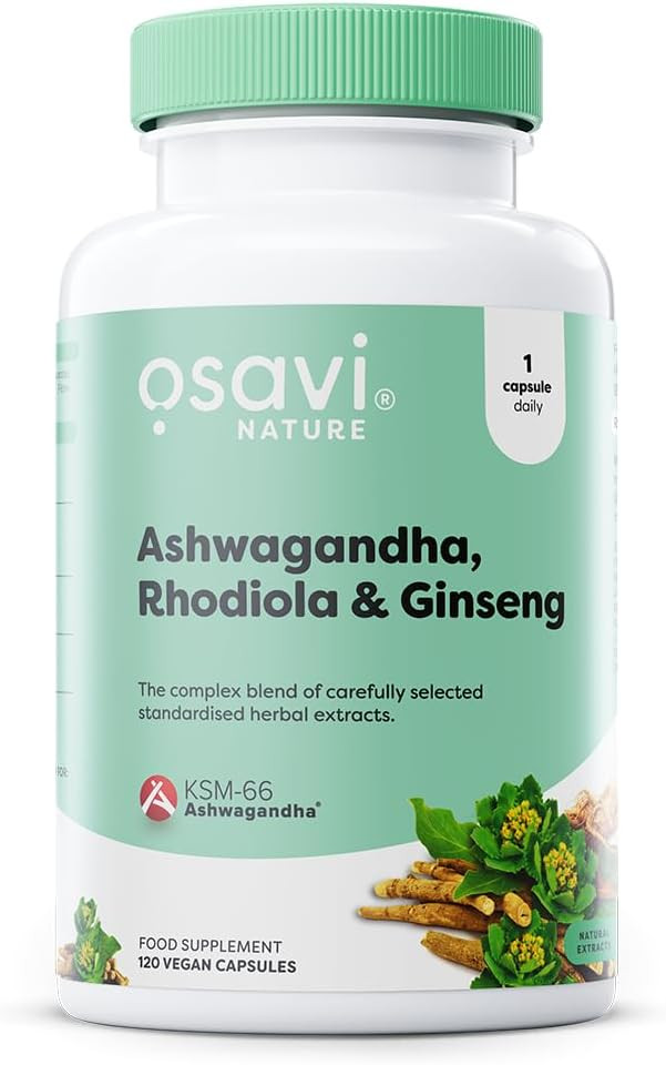 Osavi Ashwagandha, Rhodiola & Ginseng  120 Vegan Capsules | Stress & Energy Support | Powerful Blend with KSM66® Ashwagandha | Rhodiola & Ginseng Root Extracts for Resilience | Focus & Vitality