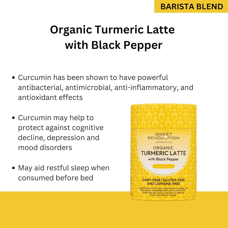 Sweet Revolution Organic Turmeric Latte with Black Pepper Barista Blend (1 x 100g) tub. Gluten Free, Dairy Free, Refined Sugar-Free