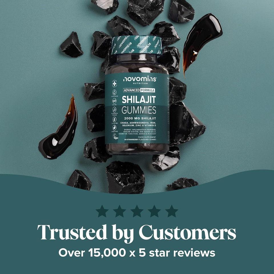 Shilajit Gummies  2000mg High Strength Shilajit with Ashwagandha, Chaga, Zinc, Iron, Selenium & Vitamin D  Himalayan Gummies for Men & Women  Energy, Brain & Immune Support  Novomins