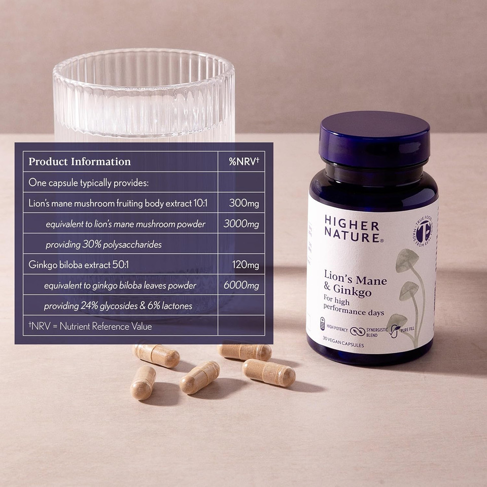 Higher Nature - Lion's Mane & Ginkgo - for High Performance Days - High Strength Ginkgo Biloba 6000mg & Lion's Mane Mushroom 3000mg - Vegan Formula - 30 Capsules