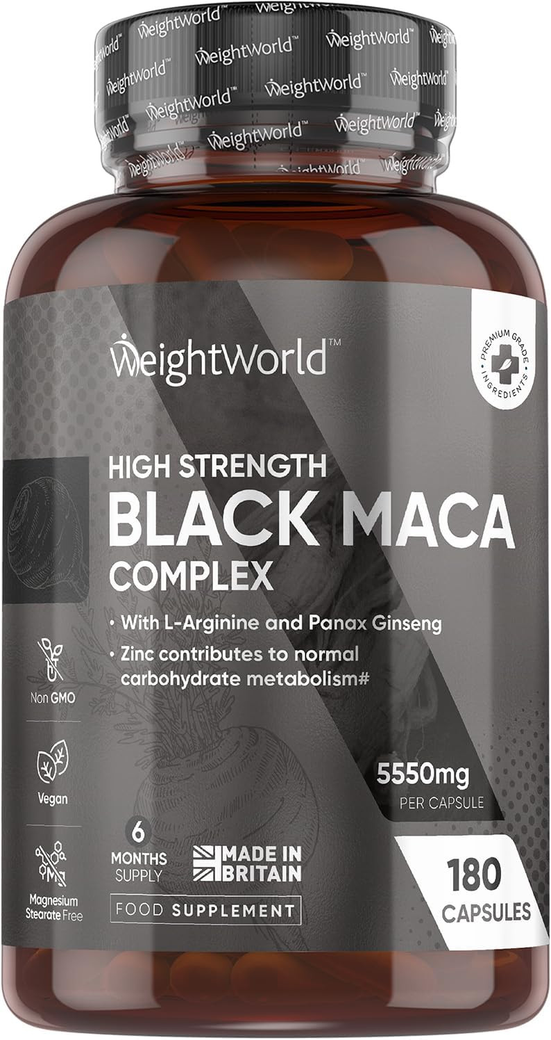 Maca Root Capsules 5550mg - 180 Capsules - 6 Months Supply - Black & Yellow Maca with L-Arginine & Panax Ginseng - Zinc Contributes to Normal Fertility & Reproduction (EFSA) - for Men & Women