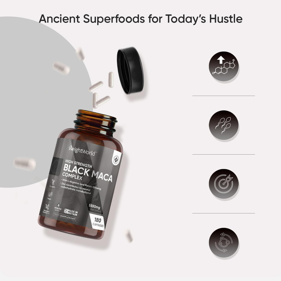 Maca Root Capsules 5550mg - 180 Capsules - 6 Months Supply - Black & Yellow Maca with L-Arginine & Panax Ginseng - Zinc Contributes to Normal Fertility & Reproduction (EFSA) - for Men & Women