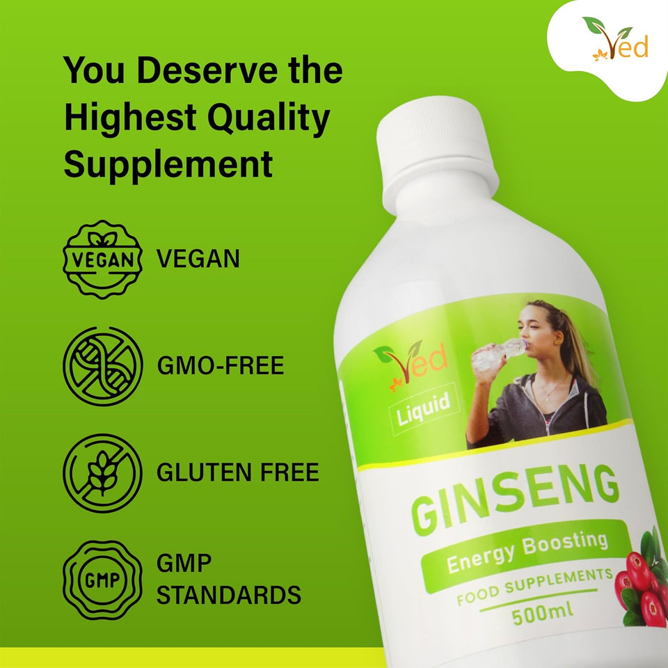Ved Ginseng Liquid Food Supplement (500 ml) - with Siberian & Panax Ginseng - Supports Energy and Vitality - for Improved Concentration