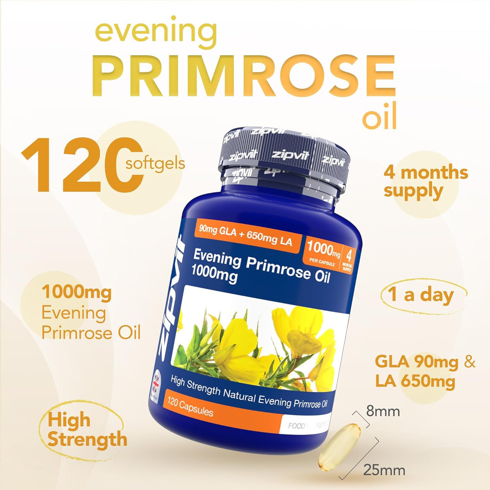 Zipvit Evening Primrose Oil 1000mg, 120 Softgel Capsules, Pure Cold Pressed Evening Primrose Oil, High in Omega 6 Gamma Linolenic Acid, Supports Women's Health Zipvit Evening Primrose Oil 1000mg, 120 Softgel Capsules, Pure Cold Pressed Evening Primrose Oil, High in Omega 6 Gamma Linolenic Acid, Supports Women's Health