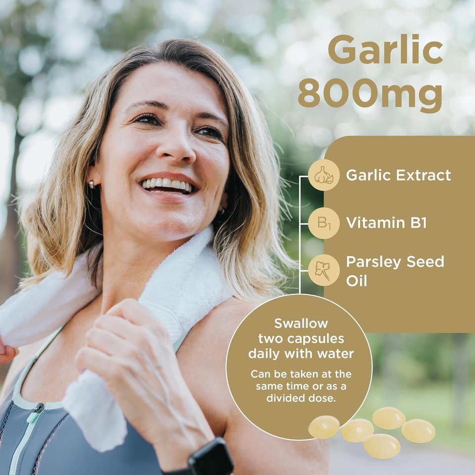 Healthspan Garlic 800mg (3 Months' Supply) | for a Healthy Heart & Respiratory System | Maintains Normal Cholesterol Levels | Added Vitamin B1 | Easy to Swallow Capsules & Odour Controlled | Vegan