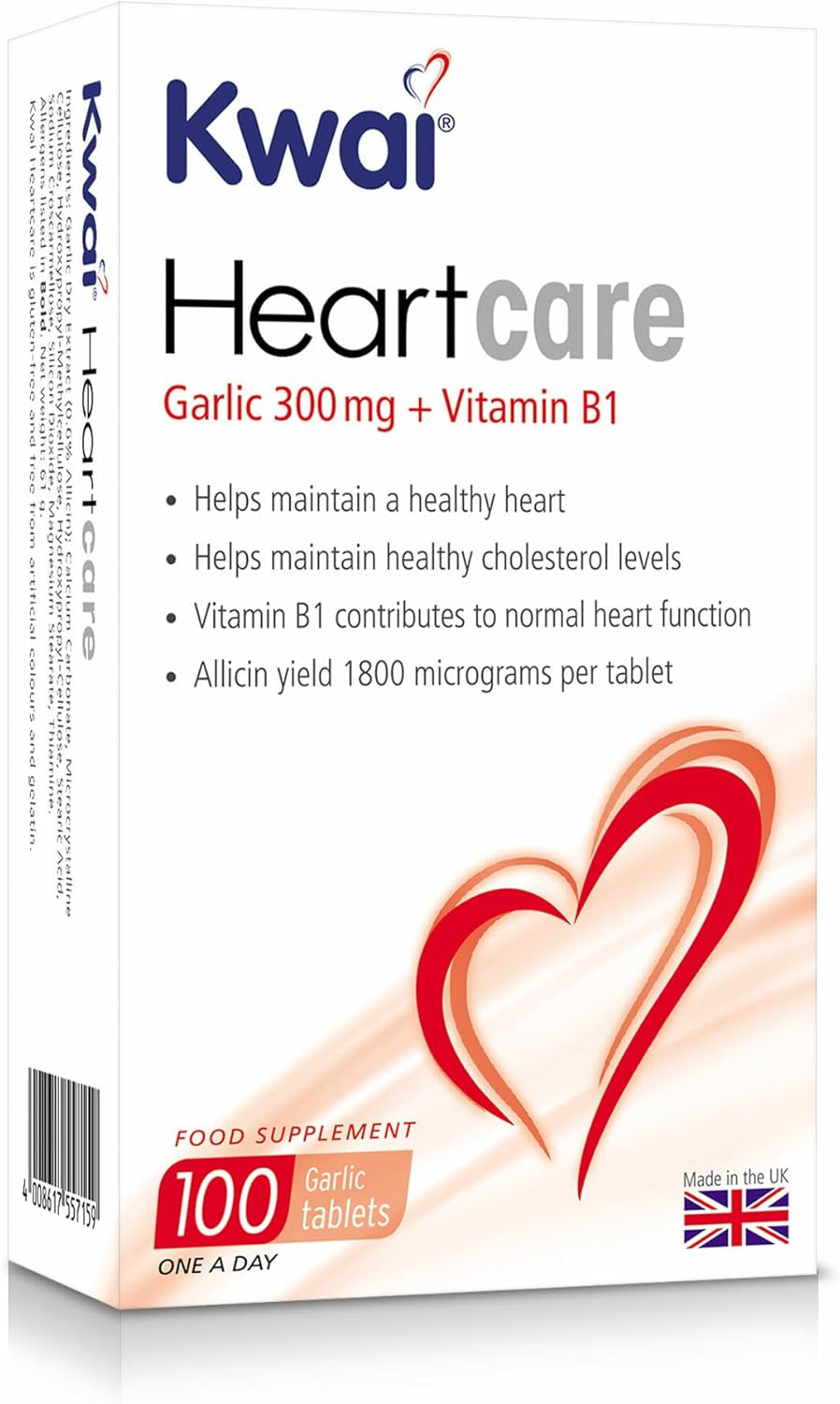 Kwai Heartcare | 100 Tablets | Garlic Capsules odourless high Strength Plus Vitamin B1 I Helps Maintain Healthy Cholesterol Levels and Healthy Heart | 300mg of standardised Garlic per Tablet