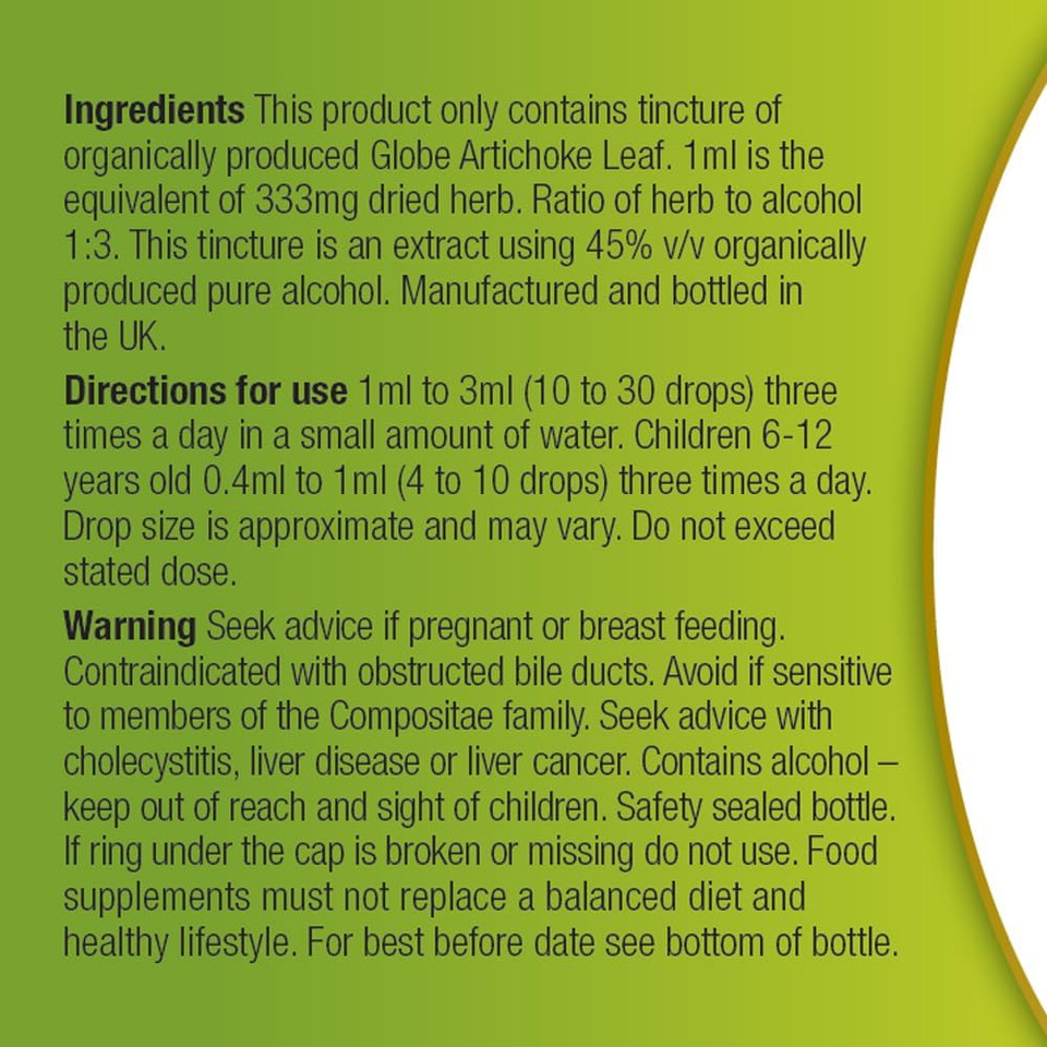 Organic Herbal Remedies Globe Artichoke Tincture. 100ml