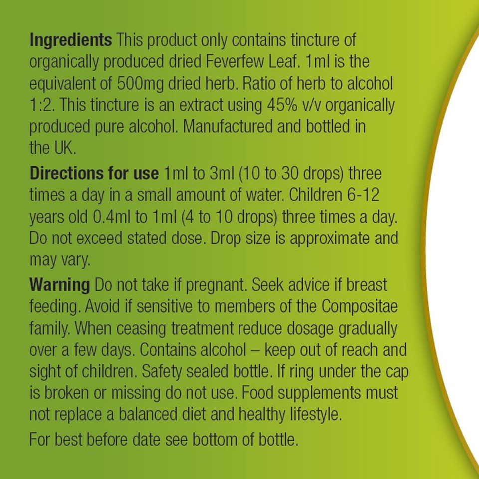 Organic Herbal Remedies 100ml Feverfew Tincture