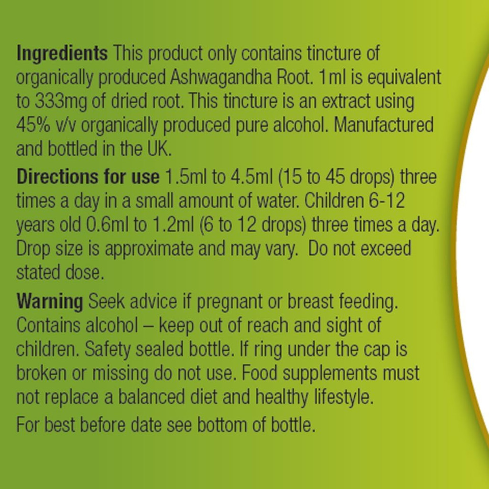 Organic Herbal Remedies Ashwagandha Tincture, 100 ml