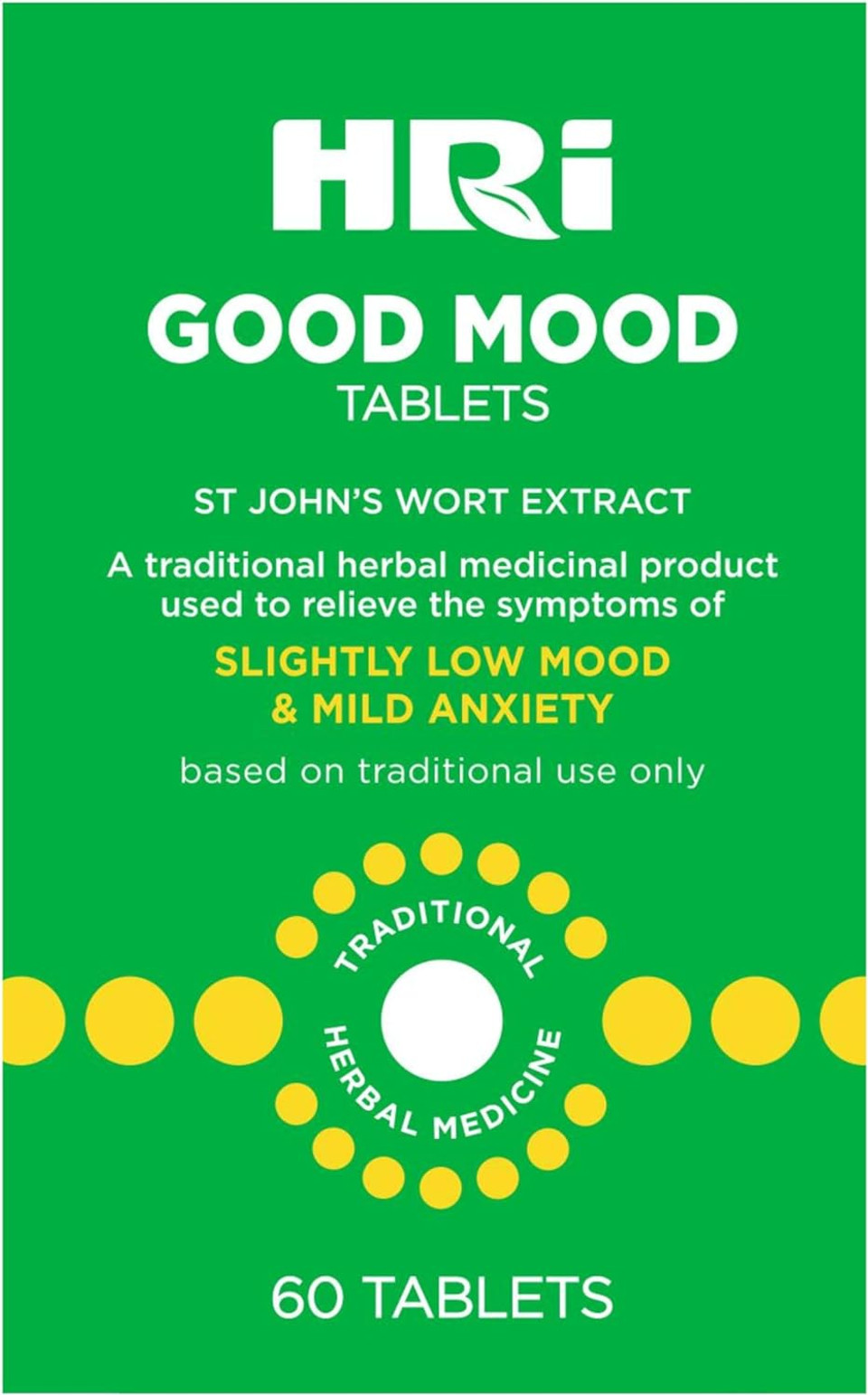 HRI Good Mood 60 Tablets - to Relieve The Symptoms of Slightly Low Mood and Mild Anxiety - 334 mg of St John's Wort Extract, Equivalent to 1670mg  2338mg of St Johns Wort. 1 Pack