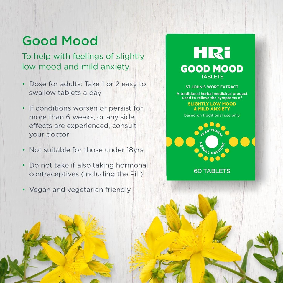 HRI Good Mood 60 Tablets - to Relieve The Symptoms of Slightly Low Mood and Mild Anxiety - 334 mg of St John's Wort Extract, Equivalent to 1670mg  2338mg of St Johns Wort. 1 Pack
