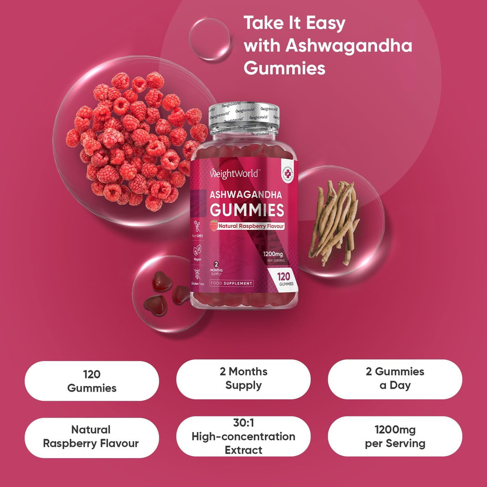 Ashwagandha Gummies 1200mg - 120 Gummies - 2 Months Supply - Tasty Natural Raspberry Flavour - 2 per Day - Ashwagandha Root Extract Supplement - Vegan, Non-GMO, Gluten-Free & Travel-Friendly