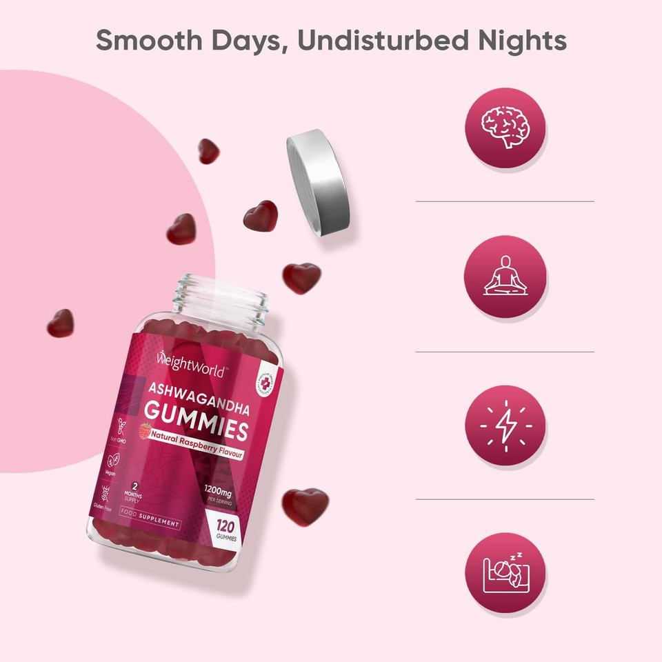Ashwagandha Gummies 1200mg - 120 Gummies - 2 Months Supply - Tasty Natural Raspberry Flavour - 2 per Day - Ashwagandha Root Extract Supplement - Vegan, Non-GMO, Gluten-Free & Travel-Friendly