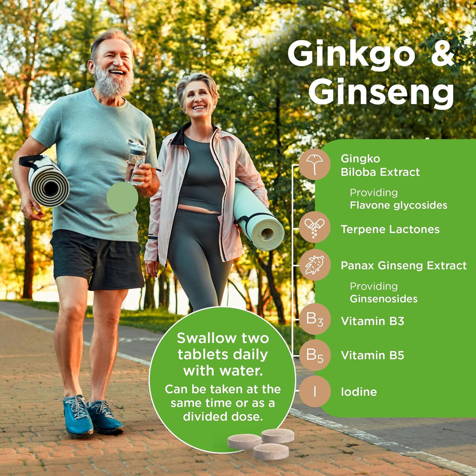 Healthspan Ginkgo & Ginseng Cognitive Support | 120 Tablets | Ginkgo Biloba | Panax Ginseng Extracts | Iodine | Vitamin B3 | Vitamin B5 | Vegan