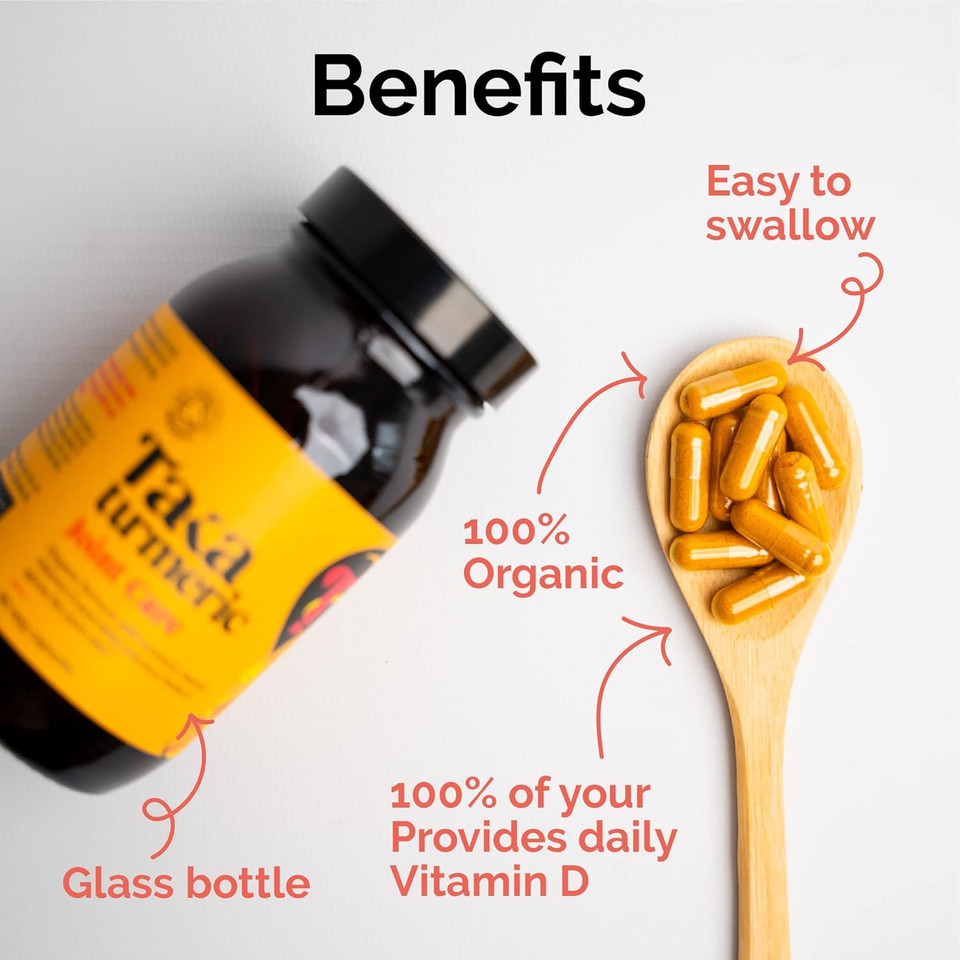 Taka Turmeric, 90 Caps Organic Joint Care Supplements with Turmeric Black Pepper Extract Vitamin D & Ginger, Organic Turmeric Ginger and Black Pepper Capsules, Vegan, Recyclable Packaging