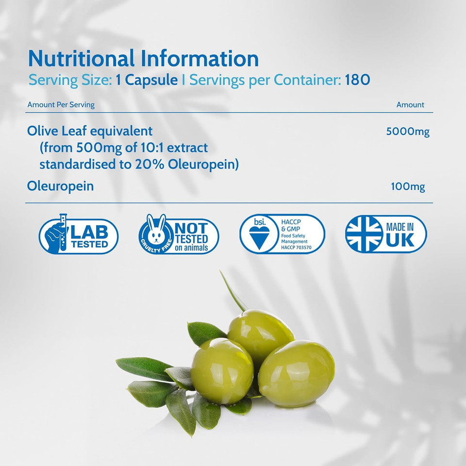 Health4All Olive Leaf Extract - 100mg Oleuropein Per Capsule | 20% Standardised 10:1 Extract from Wild European Leaves | 180 Vegan Capsules - 6 Month Supply | No Additives | Immune & Heart Support