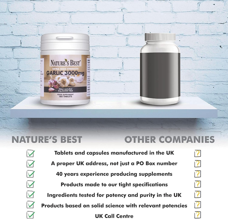 Garlic Tablets 3000mg - High Strength & Rich in Allicin  180 Tablets 6 month's Supply - Taste & Odour Controlled - UK Made  Equivalent to 3000mg of Fresh Garlic