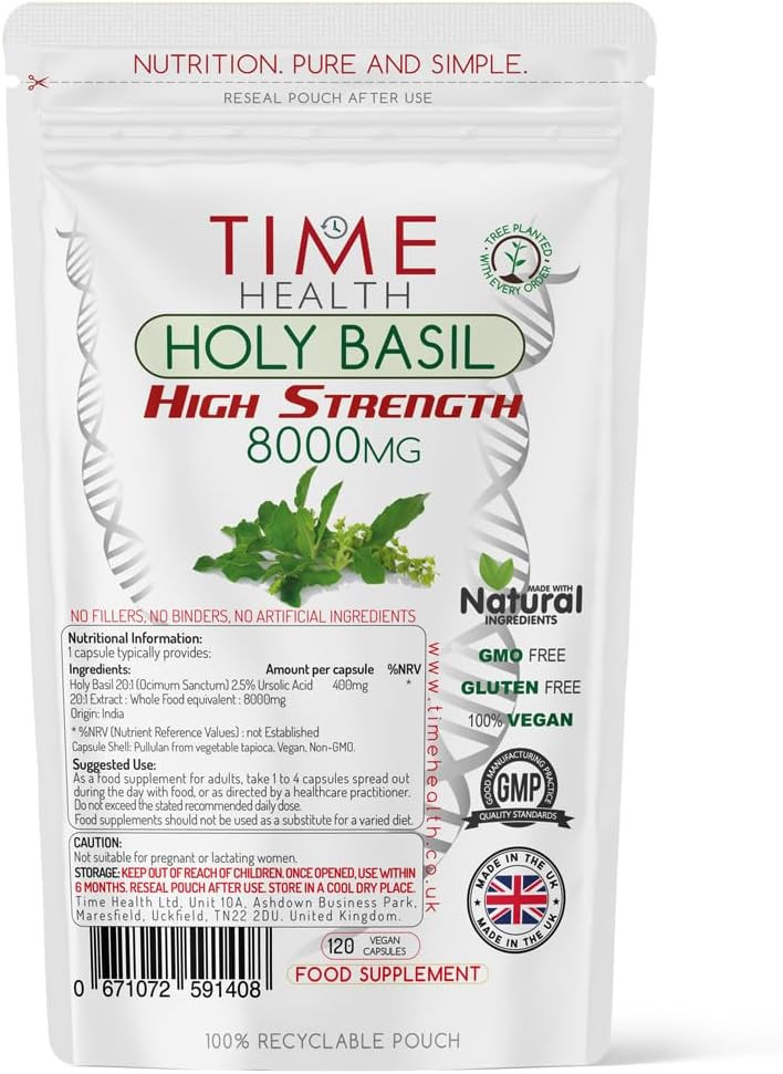 Holy Basil 20:1 (Ocimum Sanctum) 2.5% Ursolic Acid - Zero Additives - Pullulan (120 Capsule Pouch)