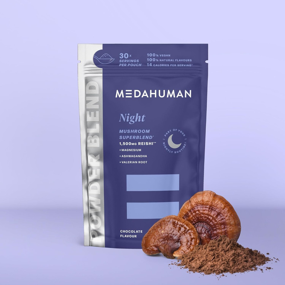 MEDAHUMAN® Night | Reishi Mushroom Powder (30 Servings) | Adaptogen Superblend Mushroom Supplement with Ashwagandha Powder, Valerian Root and Magnesium for a More Relaxed Sleep | Chocolate Flavour