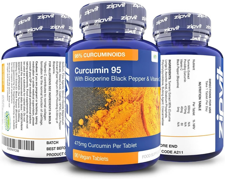 Zipvit Curcumin 95 with Bioperine, Turmeric Curcumin Supplement with 95% Active Curcumin. 90 Vegan Tablets, 3 Months Supply. Vegetarian Society Approved Curcumin Supplement