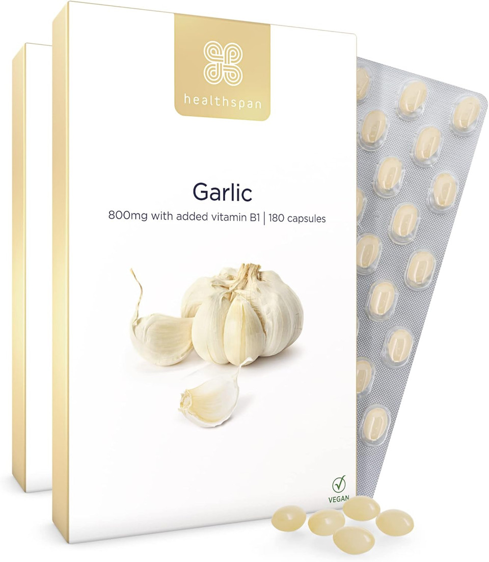 Healthspan Garlic 800mg (6 Months' Supply) | for a Healthy Heart & Respiratory System | Maintains Normal Cholesterol Levels | Added Vitamin B1 | Easy to Swallow Capsules & Odour Controlled | Vegan