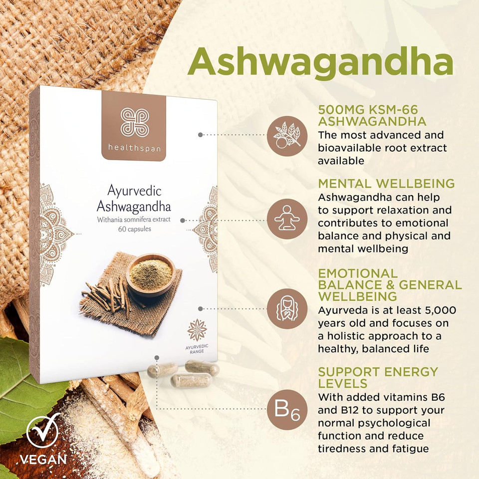 Healthspan Ashwagandha Mental Wellbeing Support | 60 Capsules | Supports Relaxation | 500mg KSM-66 Ashwagandha | Added Vitamins B6 & B12 | Ayurvedic | Vegan