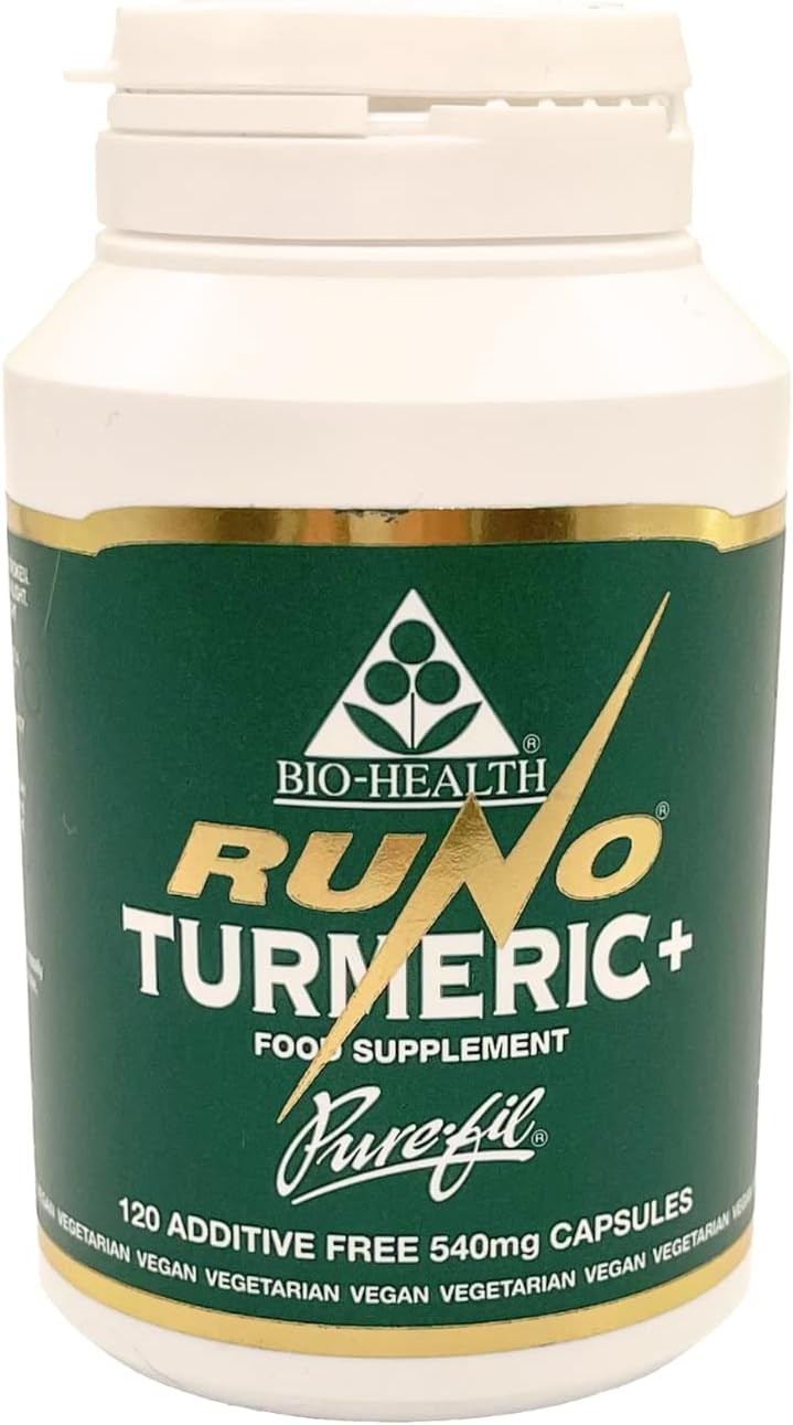 Bio-Health Runo Turmeric+ Food Supplement with Black Pepper to Enhance Curcumin Absorbtion, Supports Joint Health and Flexibility and Genreal Health, Suitable for Vegans and Vegetarians, 120 Capsules