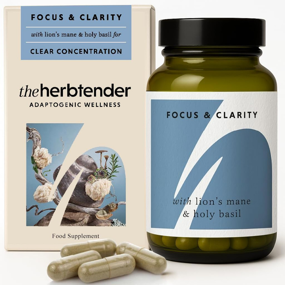 The Herbtender Focus & Clarity  Lion's Mane Focus Supplement with Holy Basil, Rosemary & Adaptogens for Memory, Concentration & Cognitive Support, Vegan, Organic Capsules, 60 Capsule Pouch